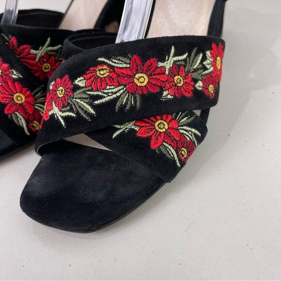 RAYE Black Suede Red Floral Embroidered Wrap Around Heeled Sandals Size 8.5 - Picture 4 of 11
